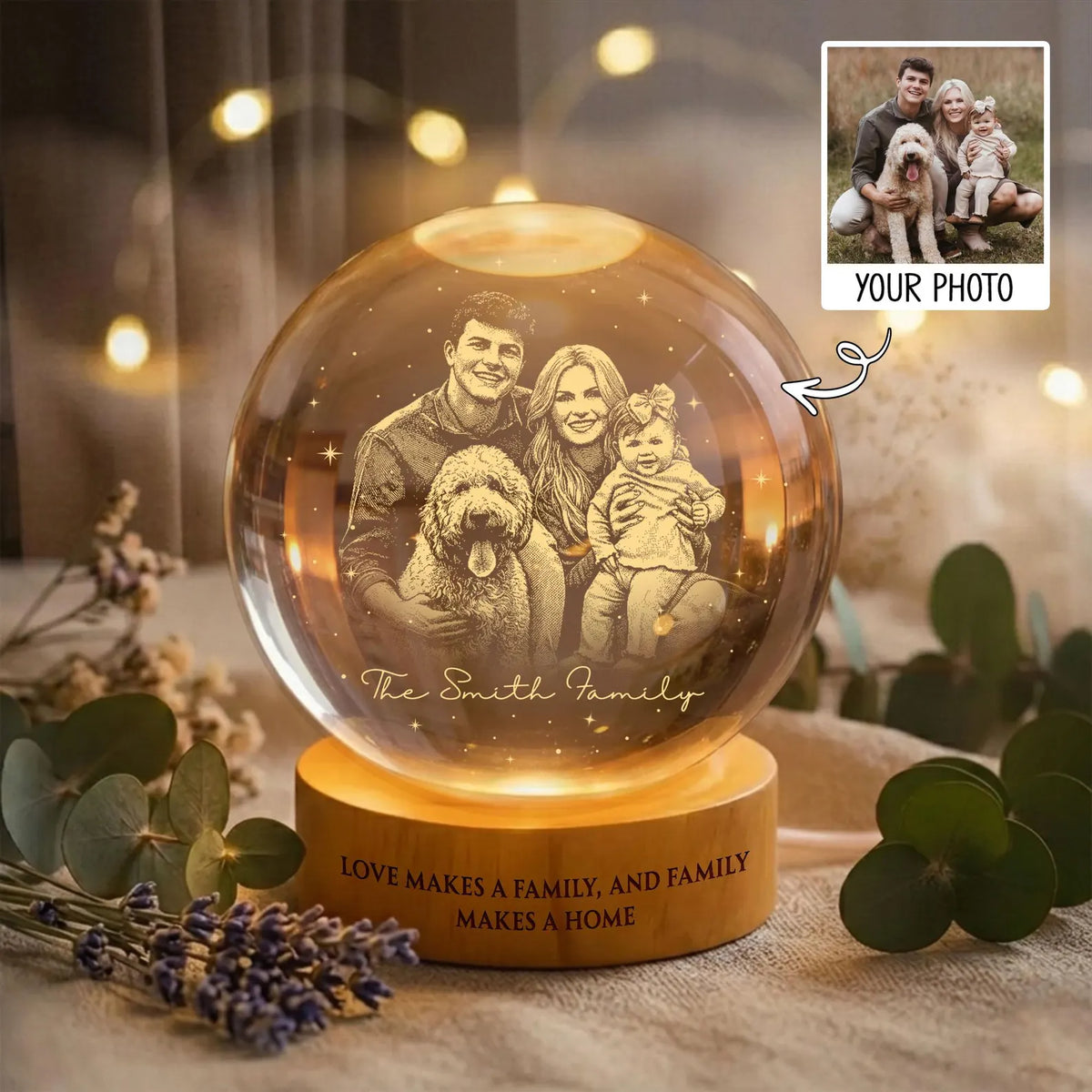 Personalized crystal sphere photo gift for the family